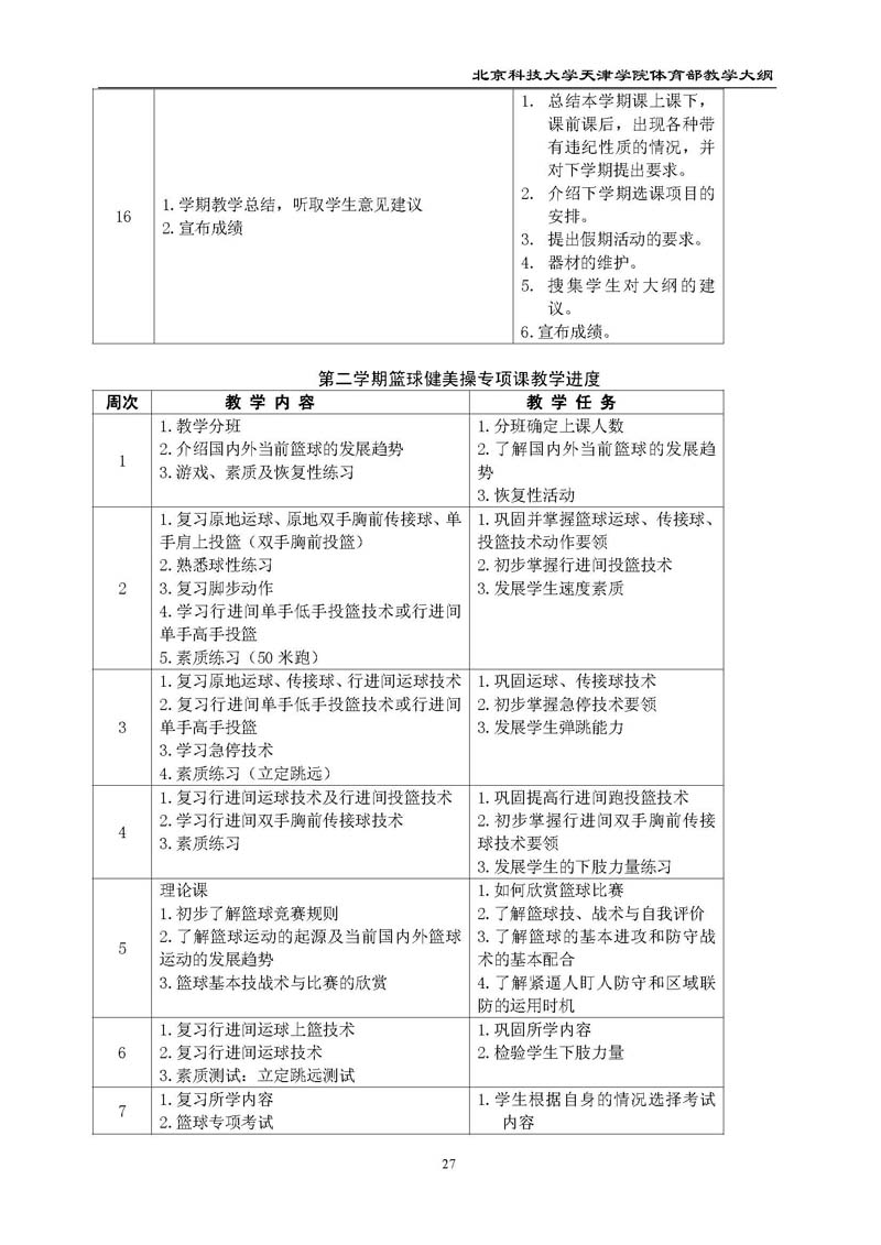 北京科技大学天津学院体育部教学大纲